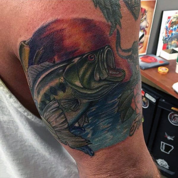 Realistic Bass Fish And Sunset Mans Tattoo On Arm