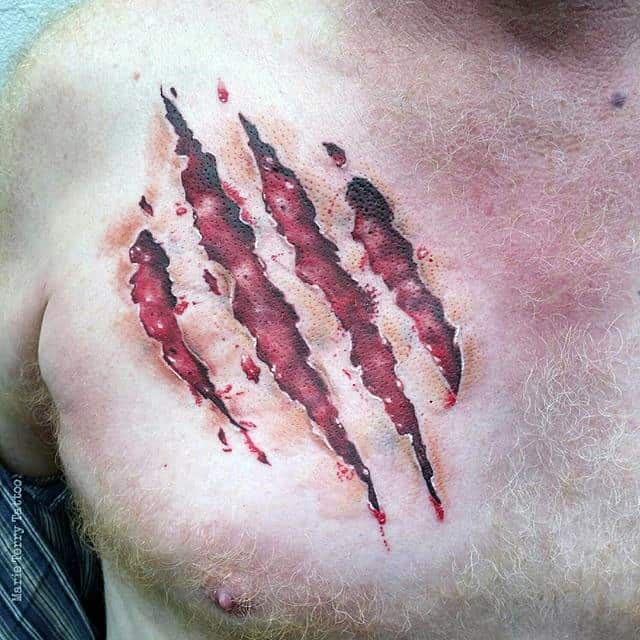 Realistic Bear Claw Ripped Skin Male Chest Tattoos