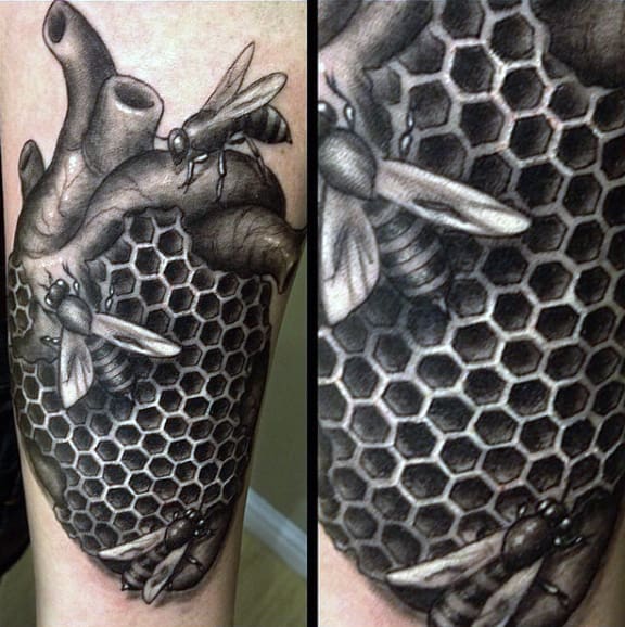 Realistic Bee And Heart Valve With Honeycomb Tattoo