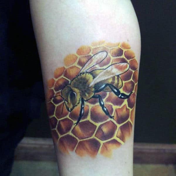 Realistic Bee On Caramel Colored Honeycomb Tattoo Mens Arms