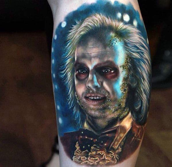 Realistic Beetlejuice Portrait Arm Tattoo On Male