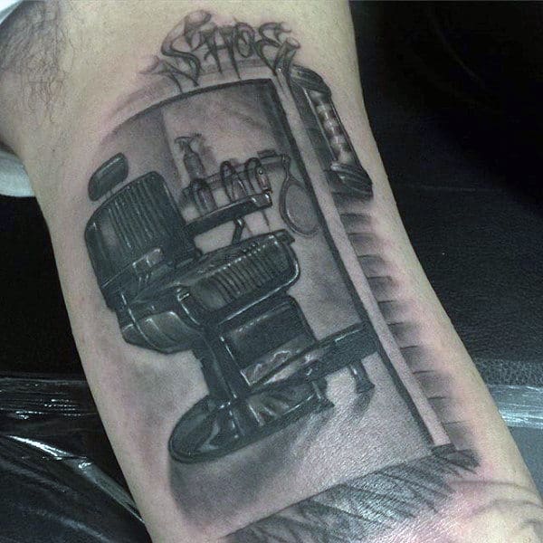 Realistic Bicep Barbershop Themed Tattoos For Men