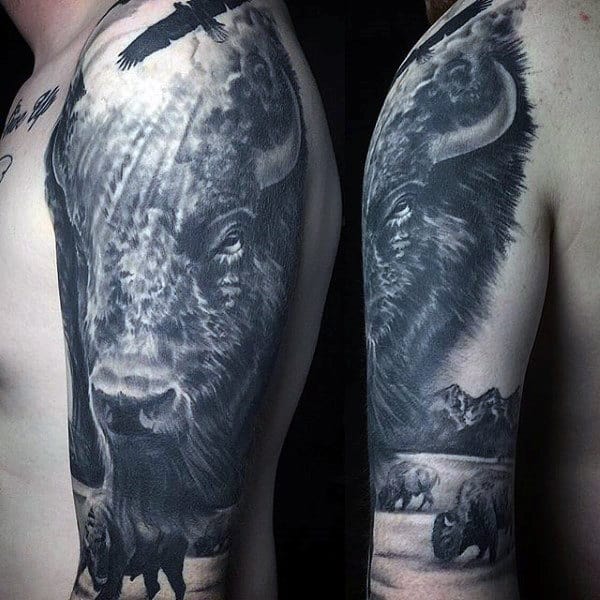 Realistic Bison Buffalo Mens Half Sleeve Tattoos