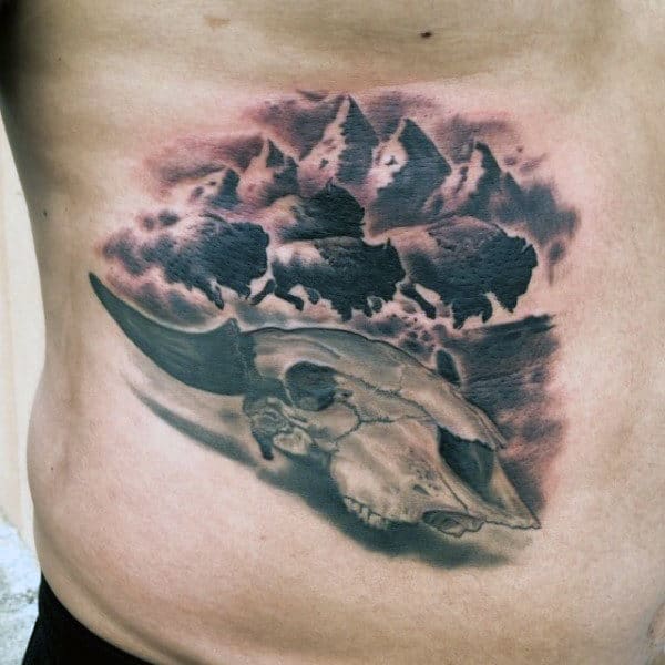 Realistic Bison Skull Mens Lower Ribs Tattoo