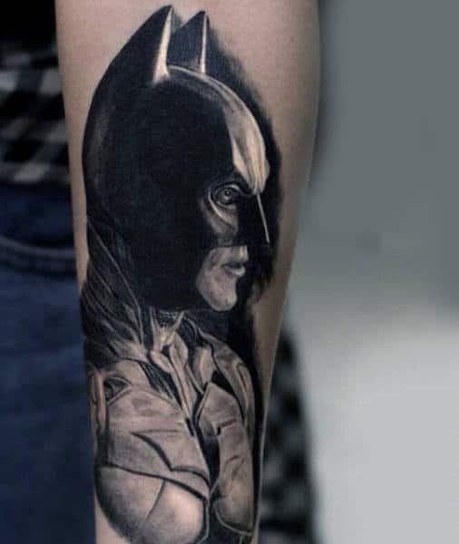 Realistic Black Ink Shaded Male Batman Tattoos On Arm