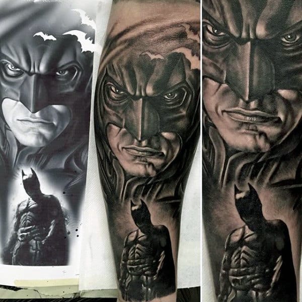 Realistic Black Ink Shaded Mens Batman Tattoo Design Inspiration