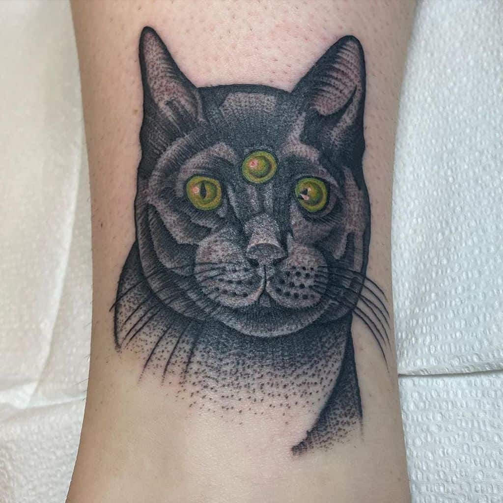Tattoo of a black cat with three glowing green eyes, inked in dotwork shading and fine lines, placed on the lower leg.