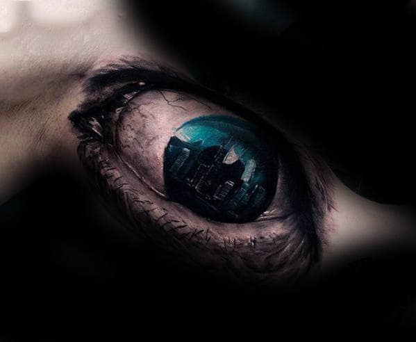 Realistic Blue Eye With City Skyline Guys Arm Tattoo