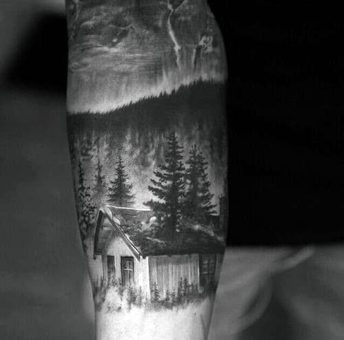 Realistic Cabin Forest Guys Forearm Sleeve Tattoo Design Ideas