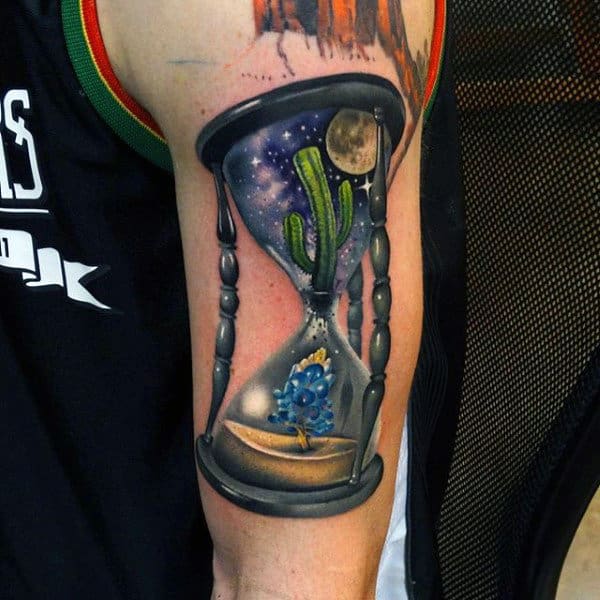 Realistic Cactus Inside Hourglass Mens Tattoos