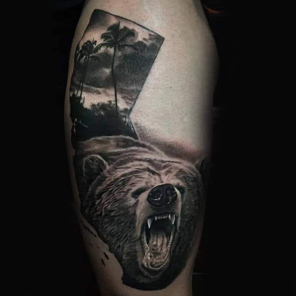 Realistic California Bear Mens Ocean Tattoo On Mans Thigh