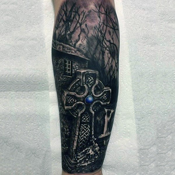 Realistic Celtic Cross Grave Stone Mens Forearm Sleeve Tattoos