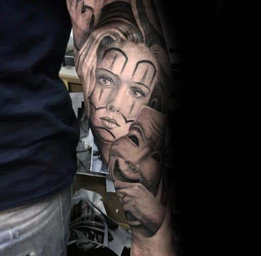 Realistic Chicano Sleeve Drama Mask Tattoo On Men