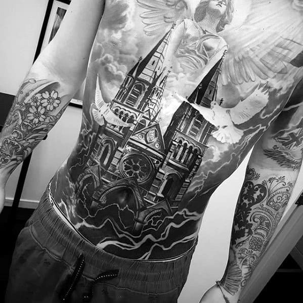 Realistic Church Mens 3d Full Chest Tattoo