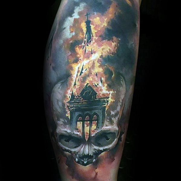 Realistic Church Tower Flaming Skull Male Tattoo Ideas Thigh Sleeve
