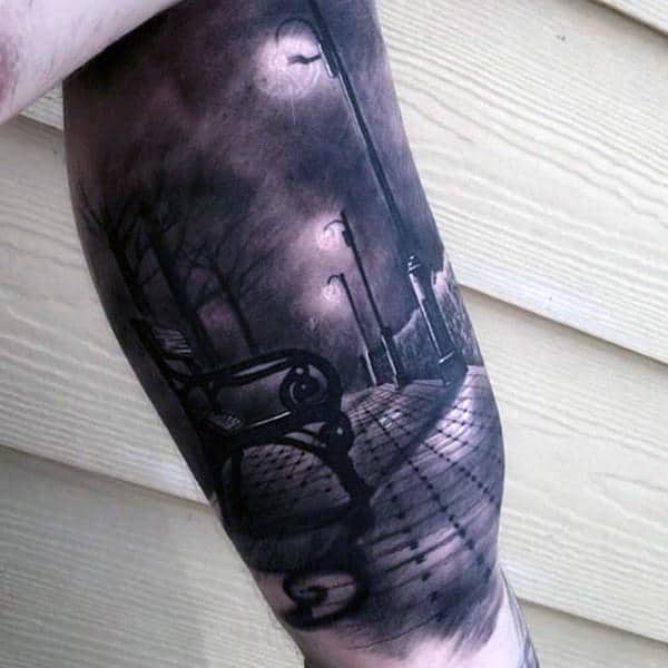 Realistic City Street Bench At Anight Mens Awesome Half Sleeve Tattoo With Shaded Black And White Ink