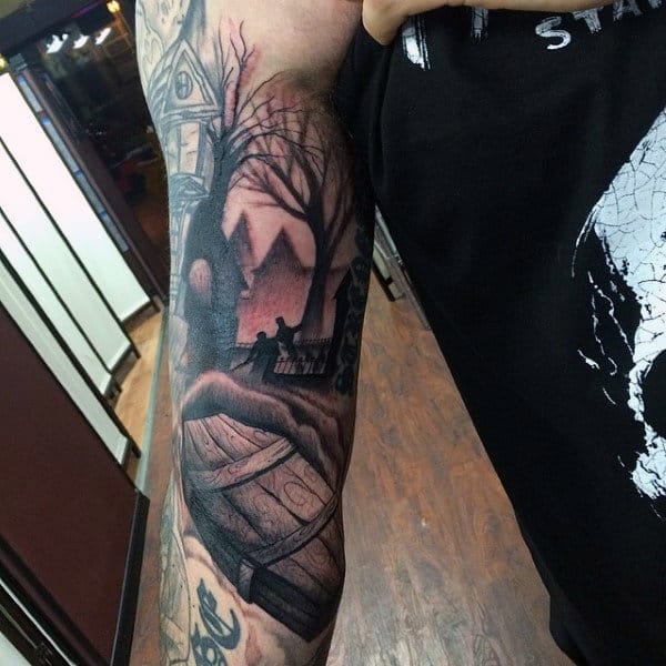 Realistic Coffin Scene Mens Half Sleeve Tattoo