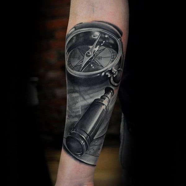 Realistic Compass Insane Mens Forearm Sleeve Tattoo Ideas