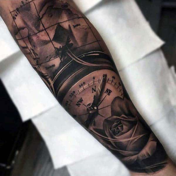 Realistic Compass Mens Nice Forearm Sleeve Tattoo