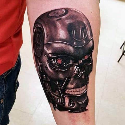 Realistic Cyborg Head Male Terminator Inner Forearm Tattoo Designs