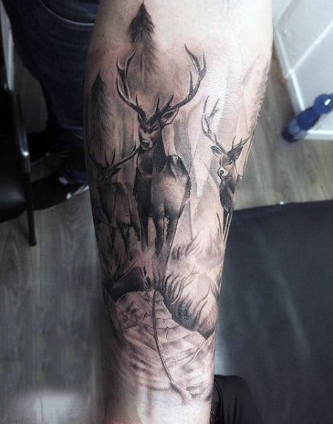 Realistic Deer In The Woods Mens Tattoo On Inner Forearm
