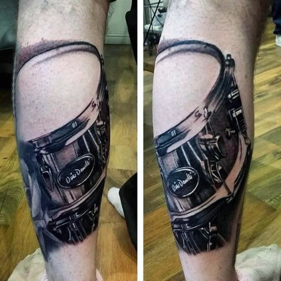 Realistic Drum Leg Tattoo For Men