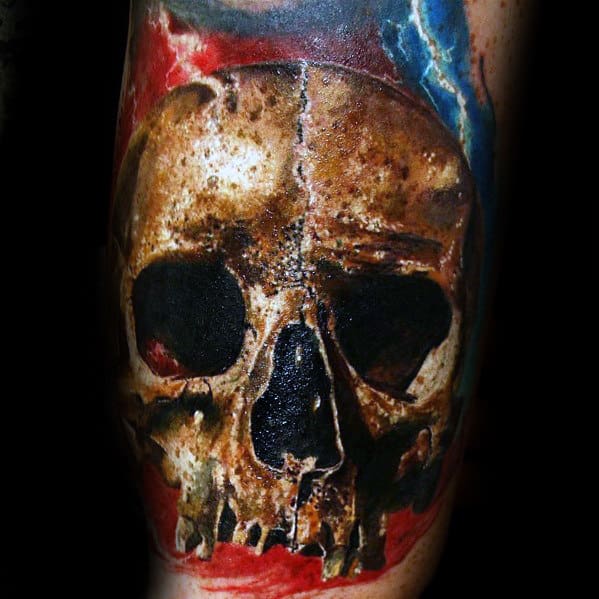 Realistic Electric Mens Skull Arm Tattoo