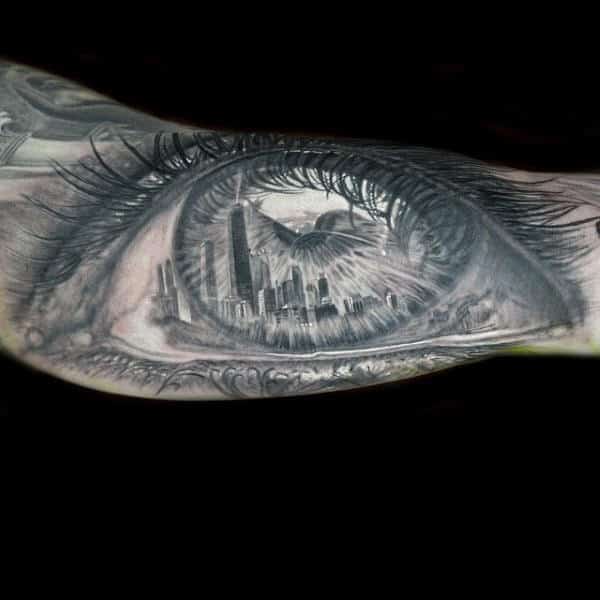 Realistic Eye Chicago Skyline Tattoo For Men On Bicep