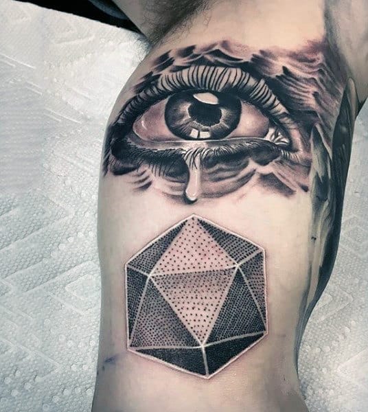 Realistic Eye With Tear Falling On Dotted Hexagon Tattoo Male Arms