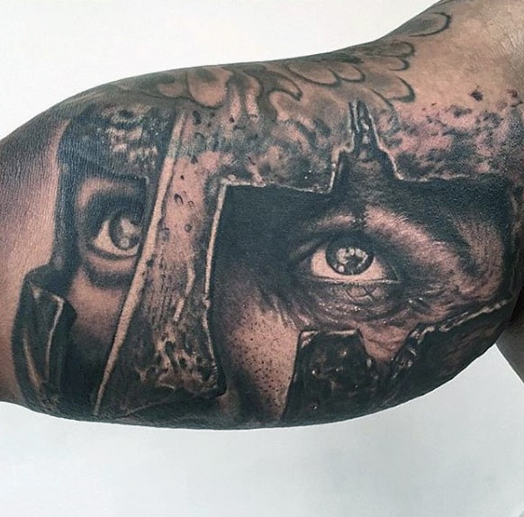 Realistic Eyes Of Warrior Tattoo Guys Arms
