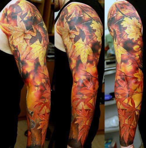 Realistic Fall Sleeve Maple Leaf Tattoos For Men