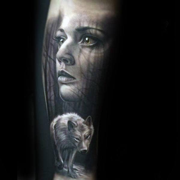 Realistic Female Portrait With White Wolf Mens Forearm Tattoo
