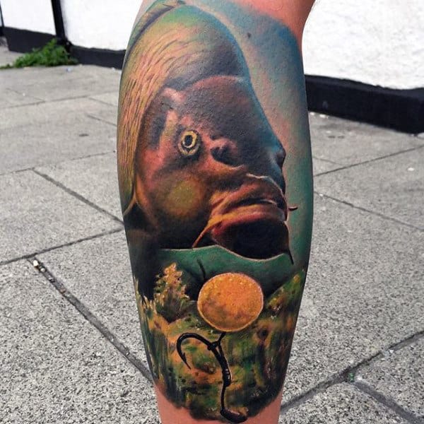 Realistic Fish Swimming Around Lure Tattoo On Mens Leg Calf