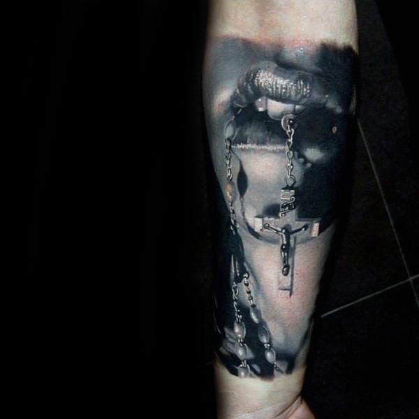 Realistic Forearm Rosary Tattoo Designs For Gentlemen