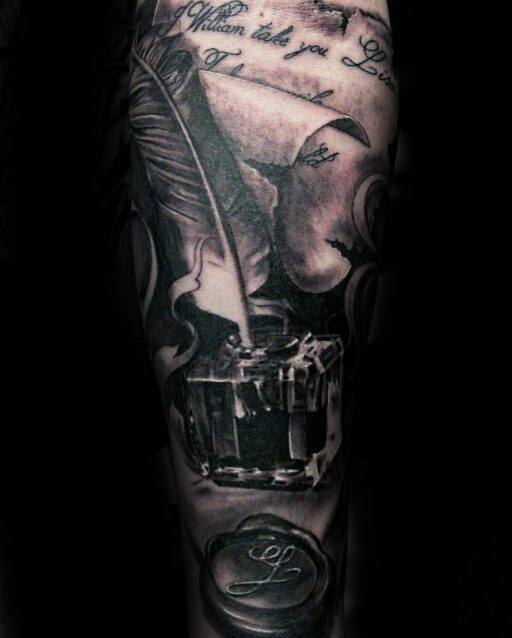 Realistic Forearm Sleeve Wax Seal Quill Tattoo Ideas On Guys