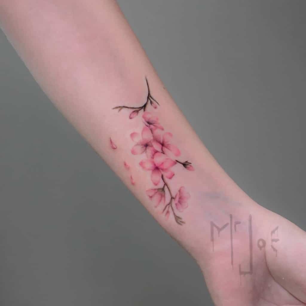 Wrist tattoo of pink cherry blossoms on branches