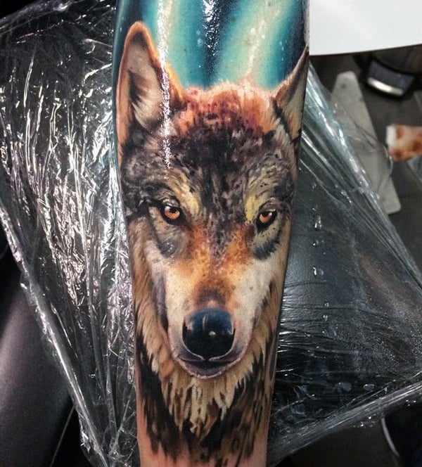 Realistic Forearm Wolf Sleeve Tattoos On Man