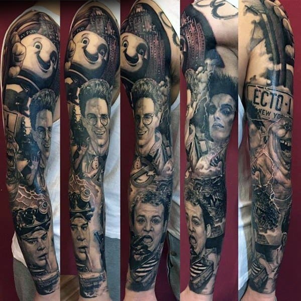 Realistic Full Arm 3d Sleeve Male Ghostbusters Tattoo Ideas