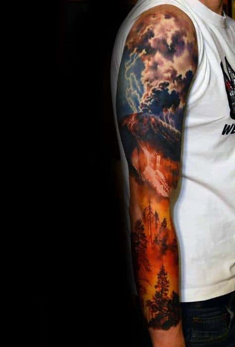 Realistic Full Arm Sleeve 3d Male Volcano Tattoo Designs