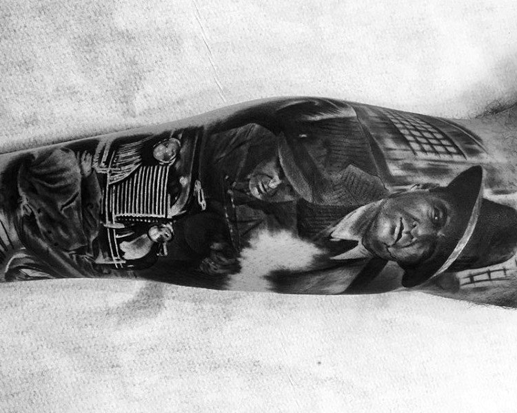 Realistic Gangster Scene Mens Leg Sleeve Tattoo
