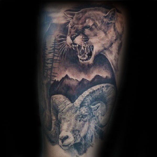 Realistic Goat With Mountain Lion Male Arm Tattoo Ideas