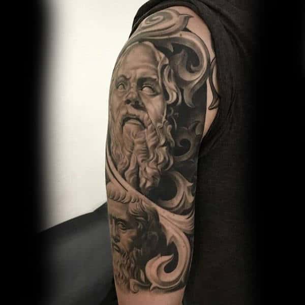 Realistic Greek God 3d Male Stone Tattoos Half Sleeve