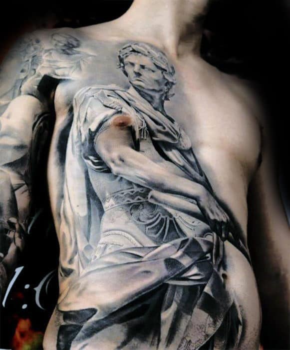 Realistic Greek God Guys Cool Chest Tattoo With Shaded Black And Grey Ink