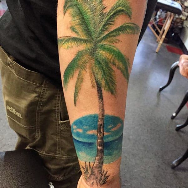 Realistic Green Palm Tree Tattoo On Arms For Men