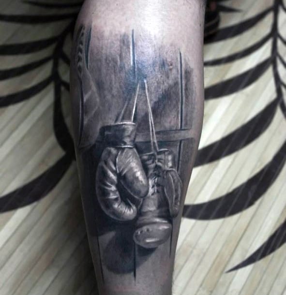 Realistic Grey And White Shaded Mens Hanging Boxing Gloves Leg Tattoos