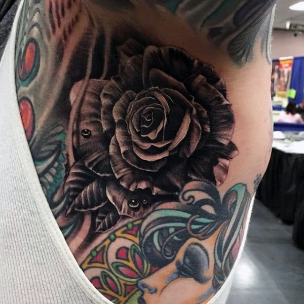Realistic Grey Rose Tattoo Male Armopit
