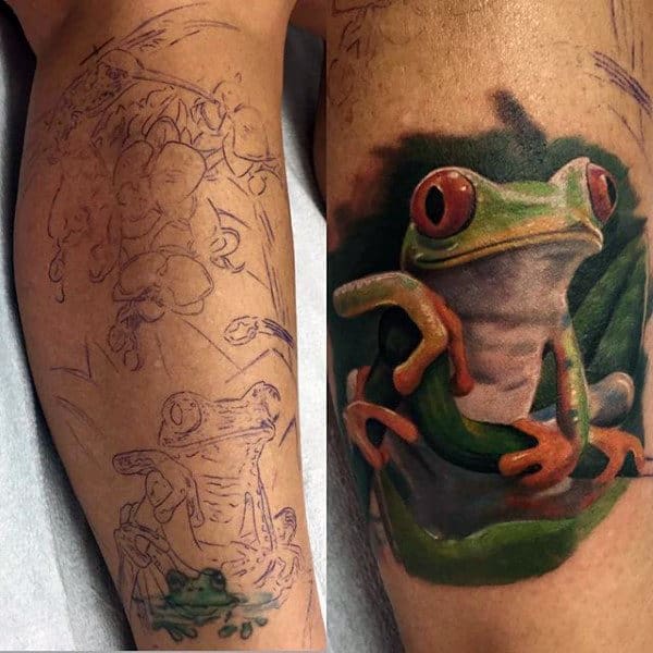 Realistic Guys Green Frog Tattoo On Lower Leg