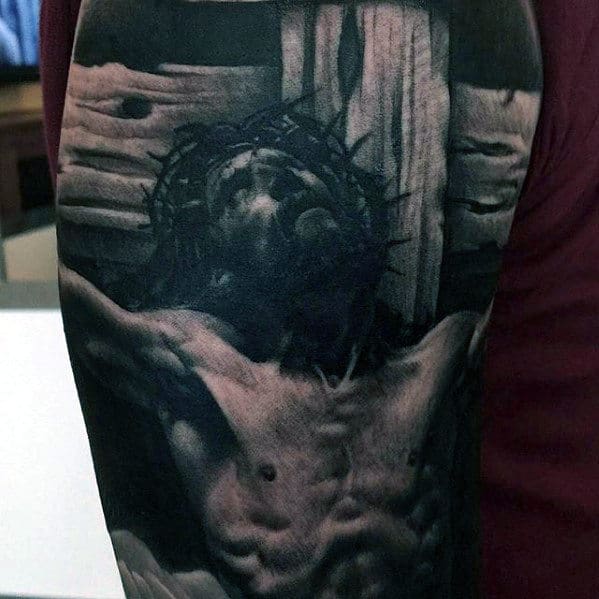 Realistic Guys Jesus On The Cross Tattoo On Arms