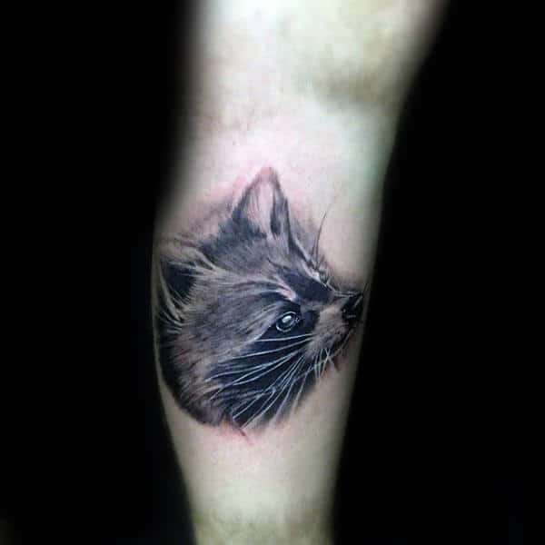 Realistic Guys Raccoon Head Tattoo On Leg Calf Ideas