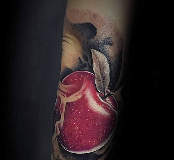Realistic Guys Red Apple With Stem Tattoo On Forearm